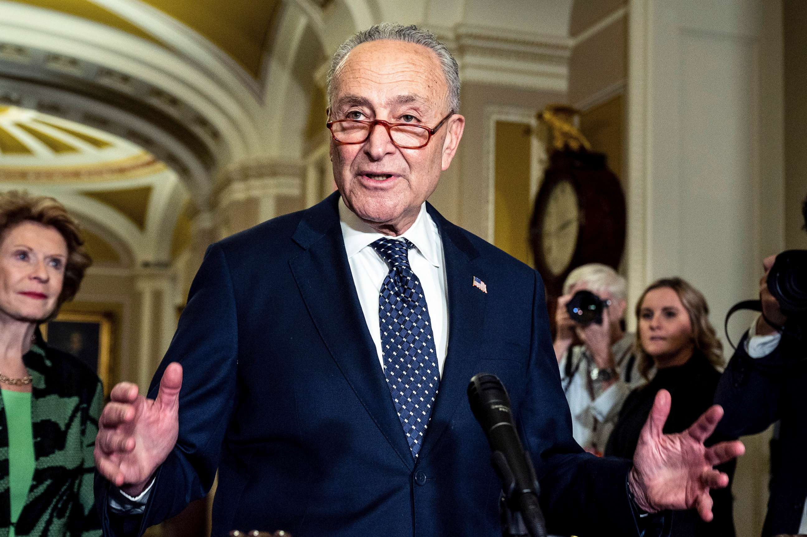 PHOTO: Chuck Schumer speaking at a press conference following Senate caucus policy luncheons at the U.S. Capitol., April 26, 2023.