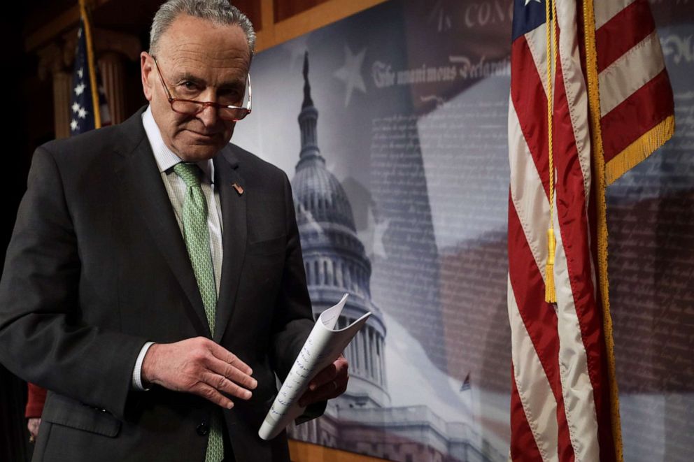 PHOTO: Senate Minority Leader Sen. Chuck Schumer leaves after a news conference at the U.S. Capitol, March 17, 2020, in Washington.