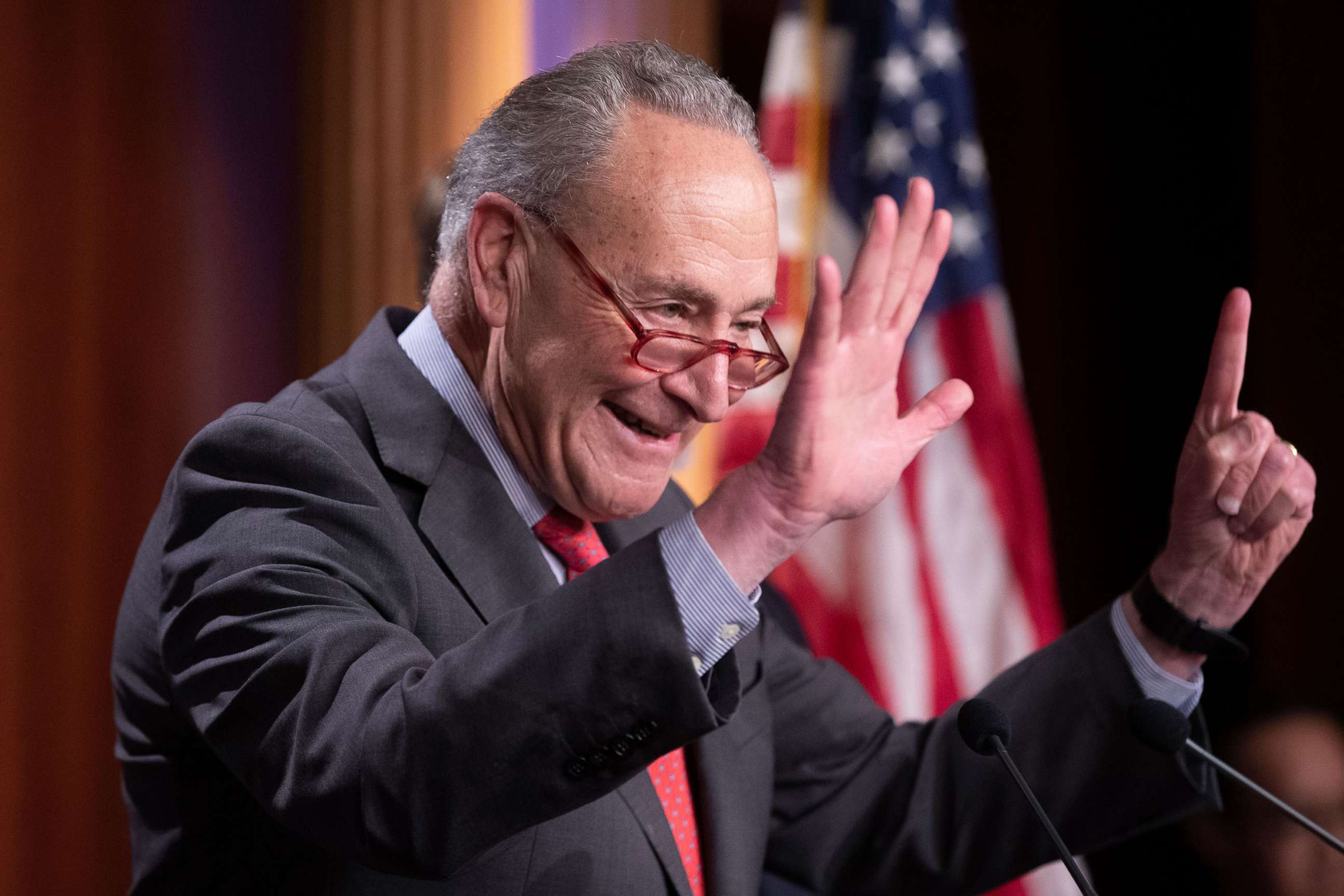 PHOTO: Chuck Schumer makes a gesture to represent the number 'fifty-one', during a news conference held to discuss the expansion of Democrats' majority in the Senate, on Capitol Hill in Washington D.C. Dec. 7, 2022.