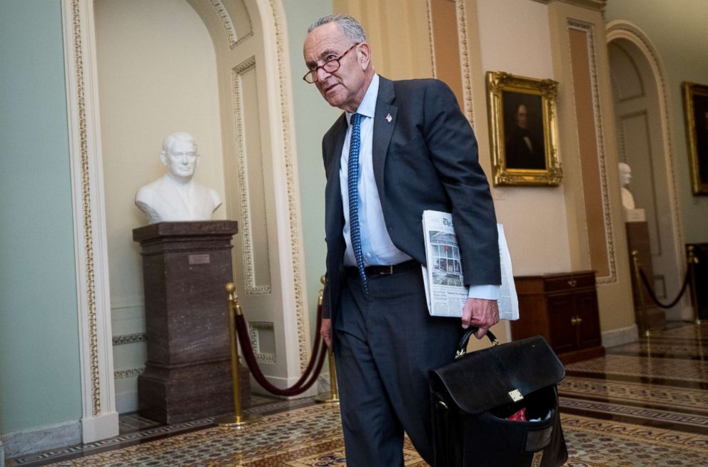 PHOTO: Senate Minority Leader Chuck Schumer walks to his office in the Capitol on Sept. 17, 2018 in Washington.