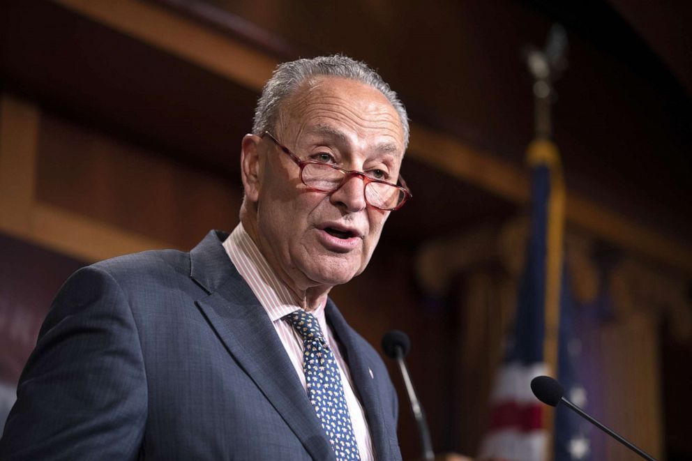 PHOTO: Senate Minority Leader Chuck Schumer speaks during a press conference, June 18, 2019, in Washington, DC.