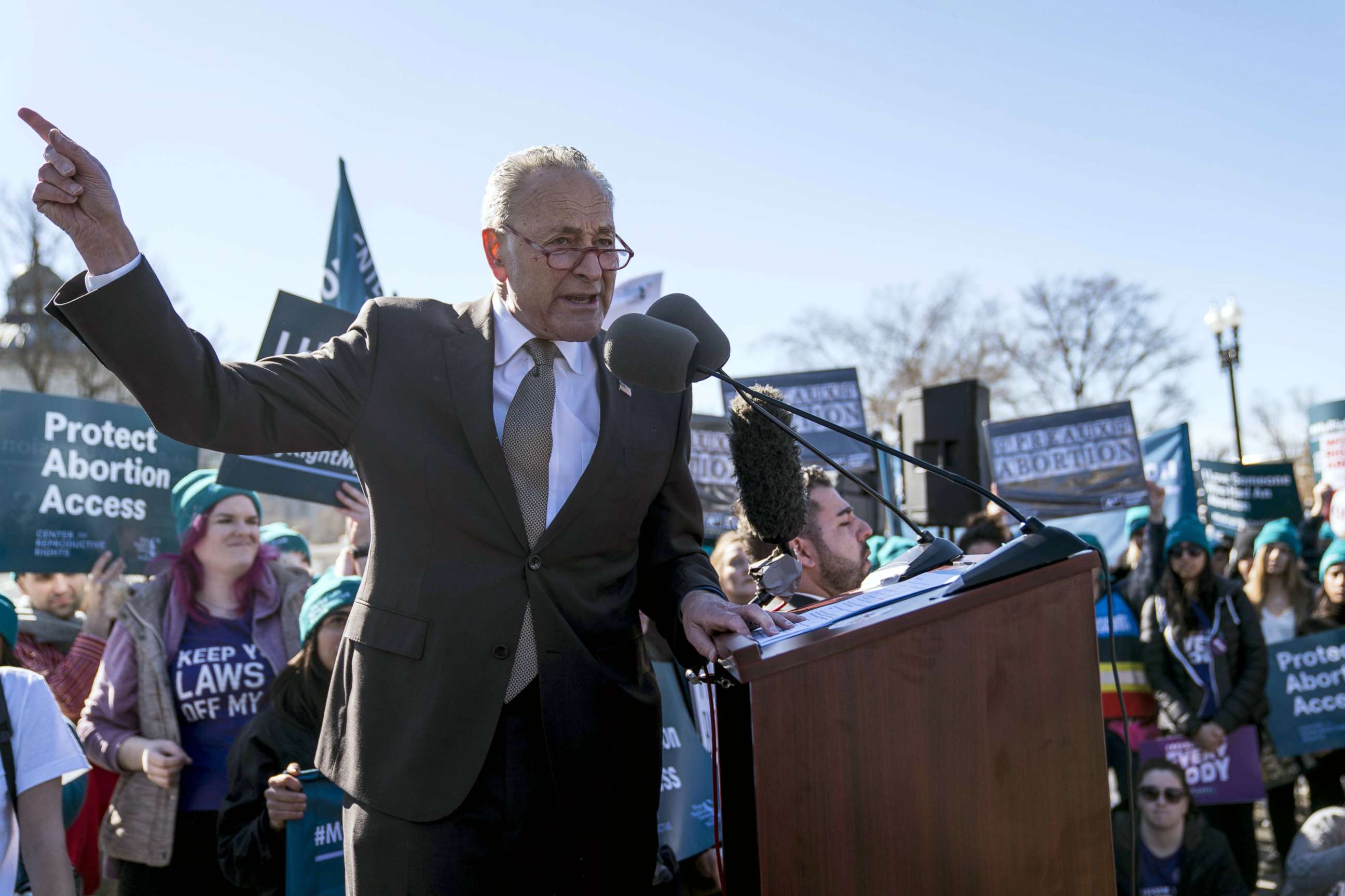 PHOTO: Sen. Chuck Schumer speaks in an abortion rights rally outside of the Supreme Court as the justices hear oral arguments in the June Medical Services v. Russo case, March 4, 2020, in Washington, DC.