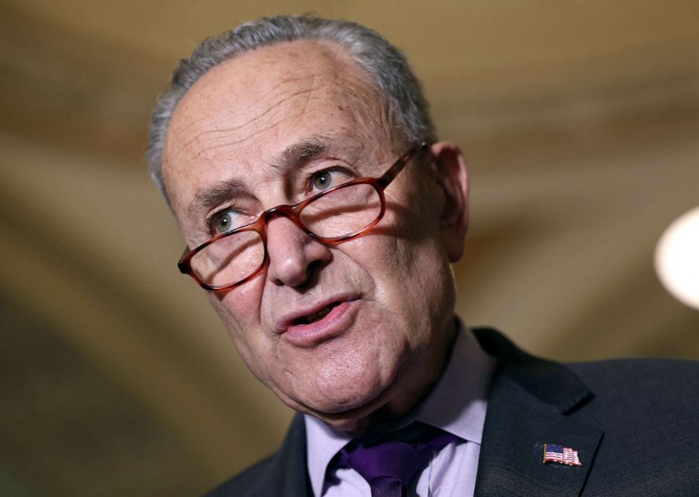 PHOTO: Senate Majority Leader Charles Schumer speaks to reporters following a Senate Democratic luncheon at the Capitol, June 15, 2021, in Washington, DC.
