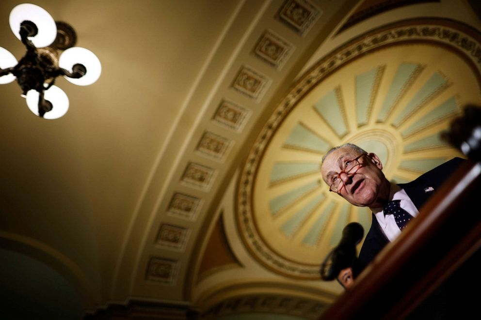 PHOTO: Senate Majority Leader Charles Schumer talks to reporters following the weekly Senate Democratic policy luncheon at the U.S. Capitol on March 29, 2022 in Washington, DC.