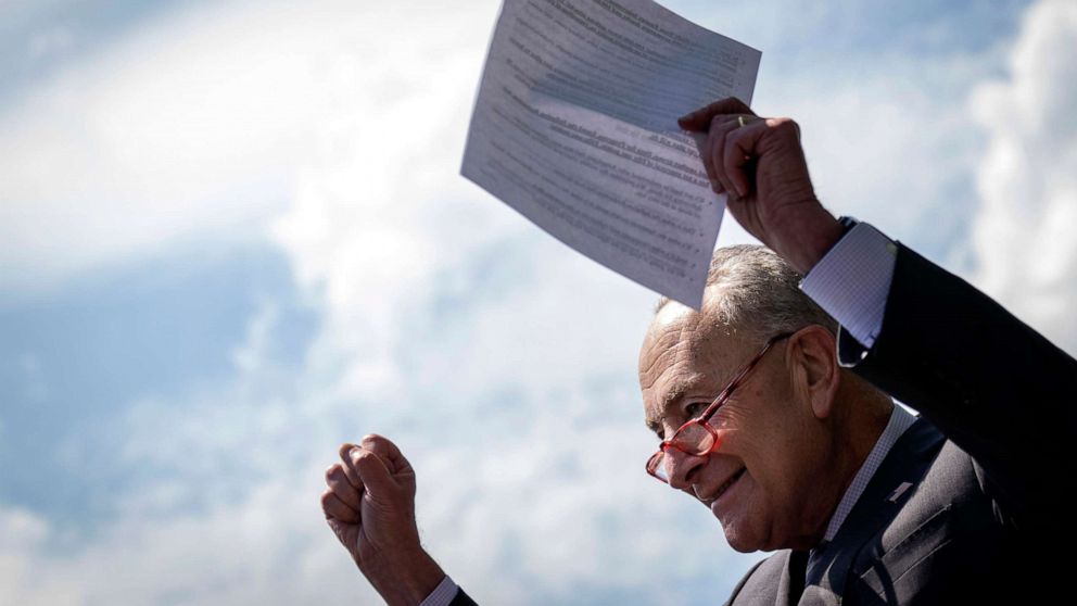 PHOTO: Senate Majority Leader Chuck Schumer arrives to a news conference about the Inflation Reduction Act outside the U.S. Capitol, Aug. 4, 2022, in Washington, DC.