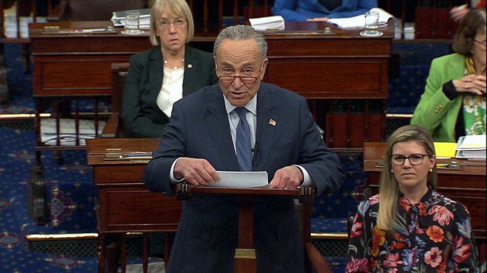 PHOTO: Sen. Chuck Schumer speaks on the Senate floor prior to an impeachment vote, Feb. 5, 2020, in Washington, DC.