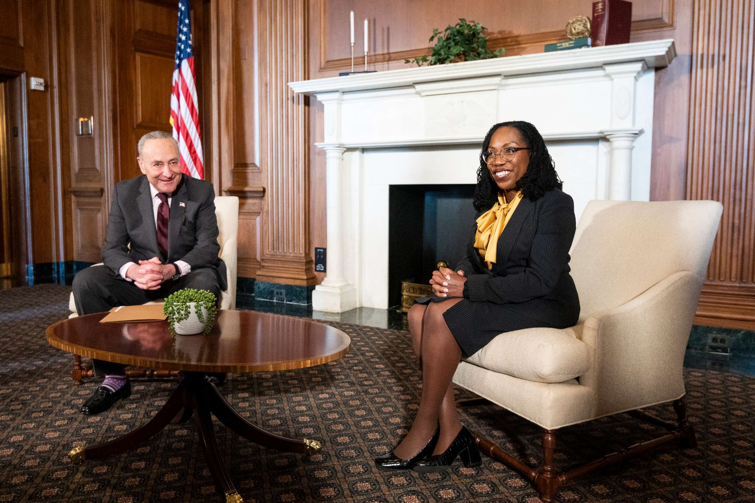 PHOTO: Judge Ketanji Brown Jackson, President Biden's nominee for Associate Justice to the Supreme Court, meets with Senate Majority Leader Chuck Schumer at the U.S. Capitol on March 2, 2022, in Washington, D.C.