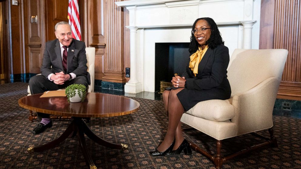 PHOTO: Judge Ketanji Brown Jackson, President Biden's nominee for Associate Justice to the Supreme Court, meets with Senate Majority Leader Chuck Schumer at the U.S. Capitol on March 2, 2022, in Washington, D.C.