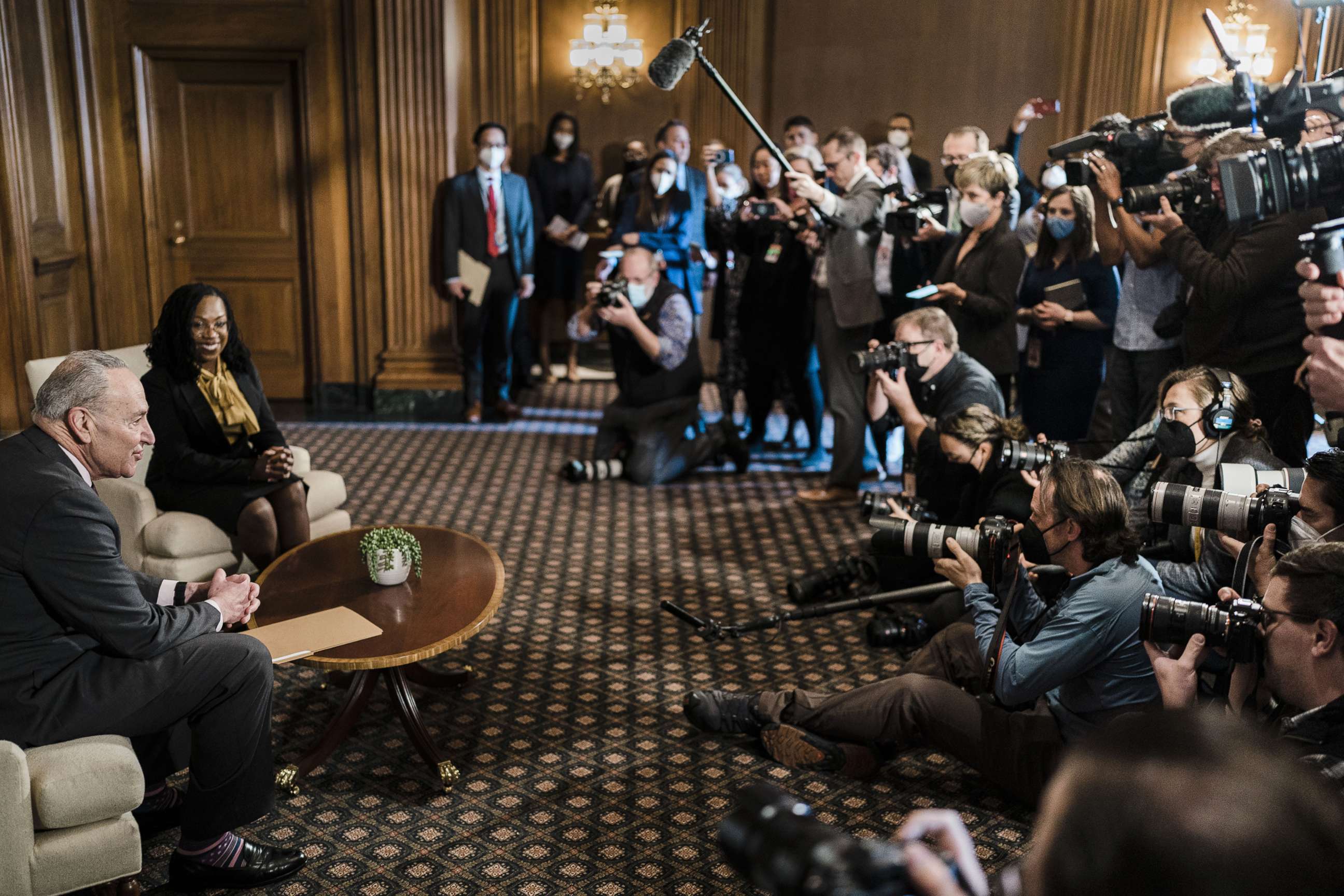 PHOTO: Senate Majority Leader Chuck Schumer meets with Supreme Court Nominee, Judge Ketanji Brown Jackson, on Capitol Hill, on March 2, 2022, in Washington, D.C.