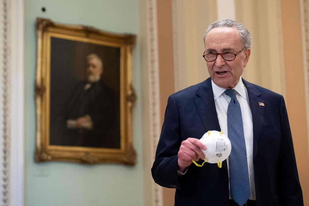 PHOTO: Senate Minority Leader Chuck Schumer, Democrat of New York, speaks with the press during a pro forma session where the Senate planned to vote on a nearly $500 billion package to further aid small businesses due to COVID-19.