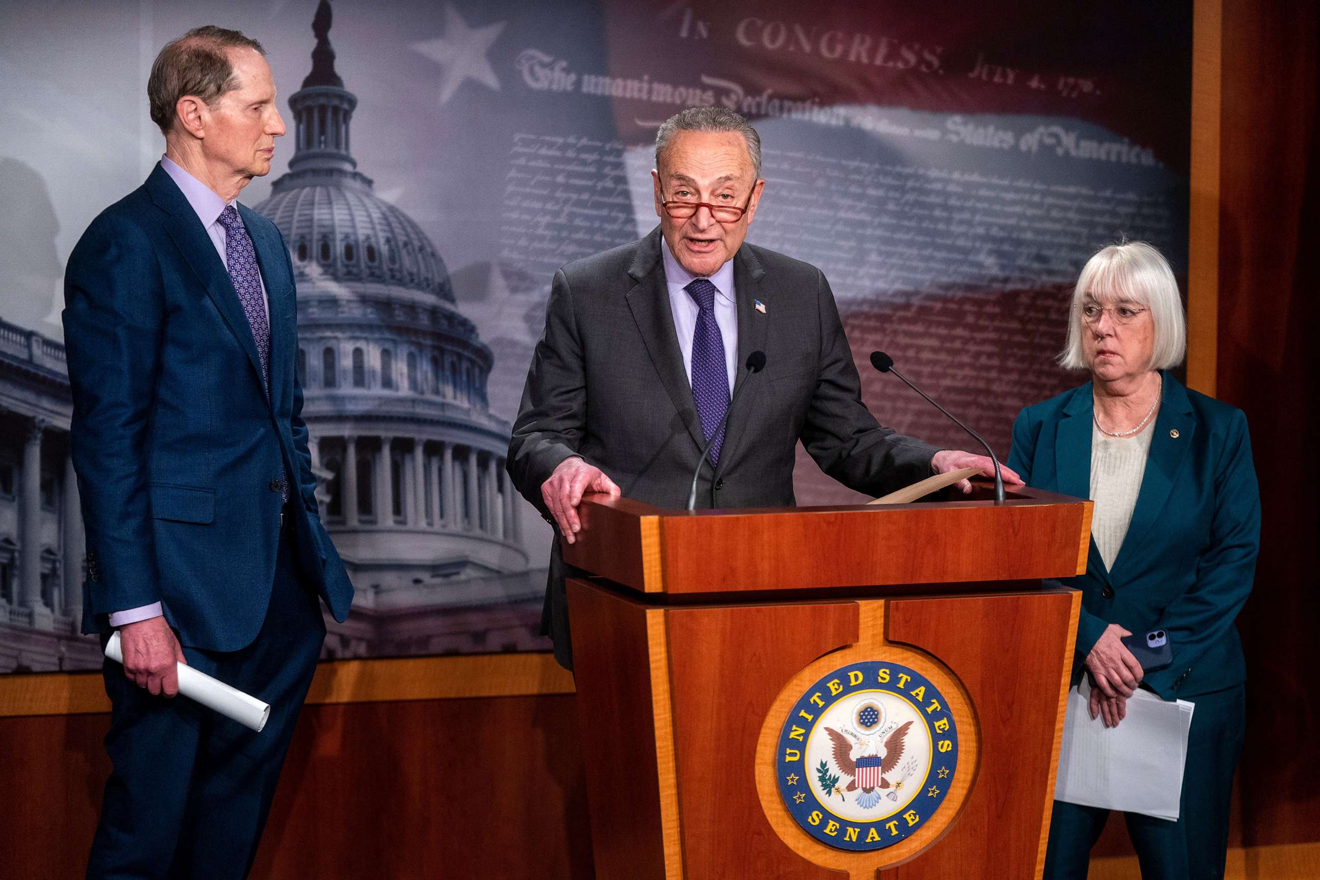 PHOTO: In this March 9, 2023, file photo, Senate Majority Leader Chuck Schumer, with Sen. Patty Murray, delivers remarks during a press conference in the US Capitol in Washington, D.C.