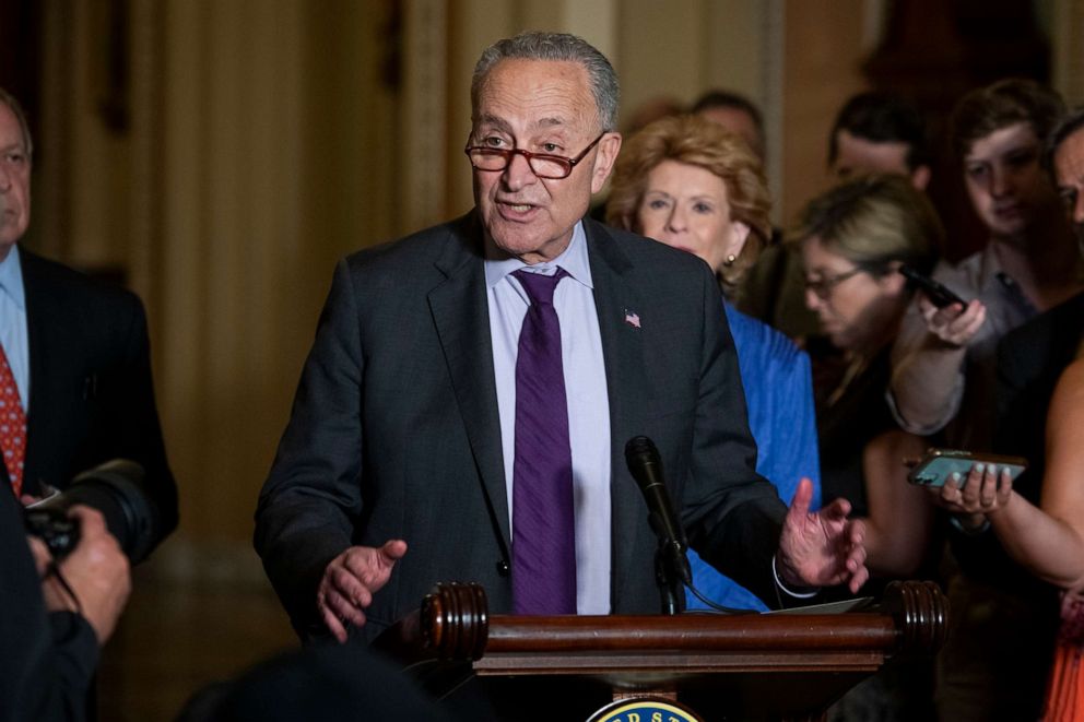 PHOTO: Senate Majority Leader Chuck Schumer offers remarks during a press conference following the Democrat Senate luncheon at the US Capitol, June 15, 2021, in Washington, D.C.