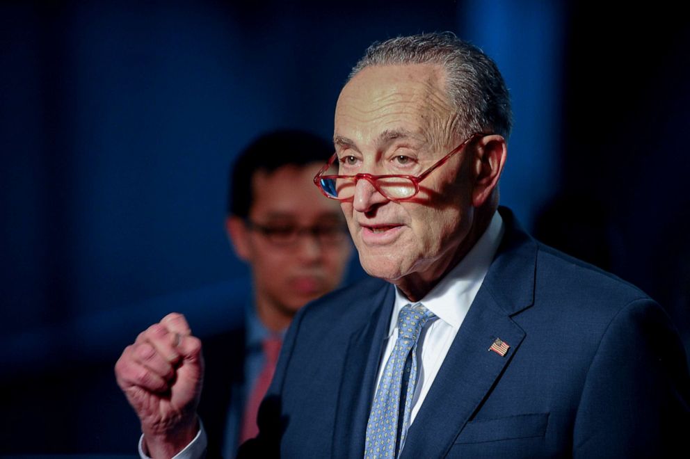 PHOTO: Senate Minority Leader Chuck Schumer speaks to the media before a meeting on coronavirus economic aid legislation to prevent the spread of coronavirus disease (COVID-19) in Washington, March 20, 2020.