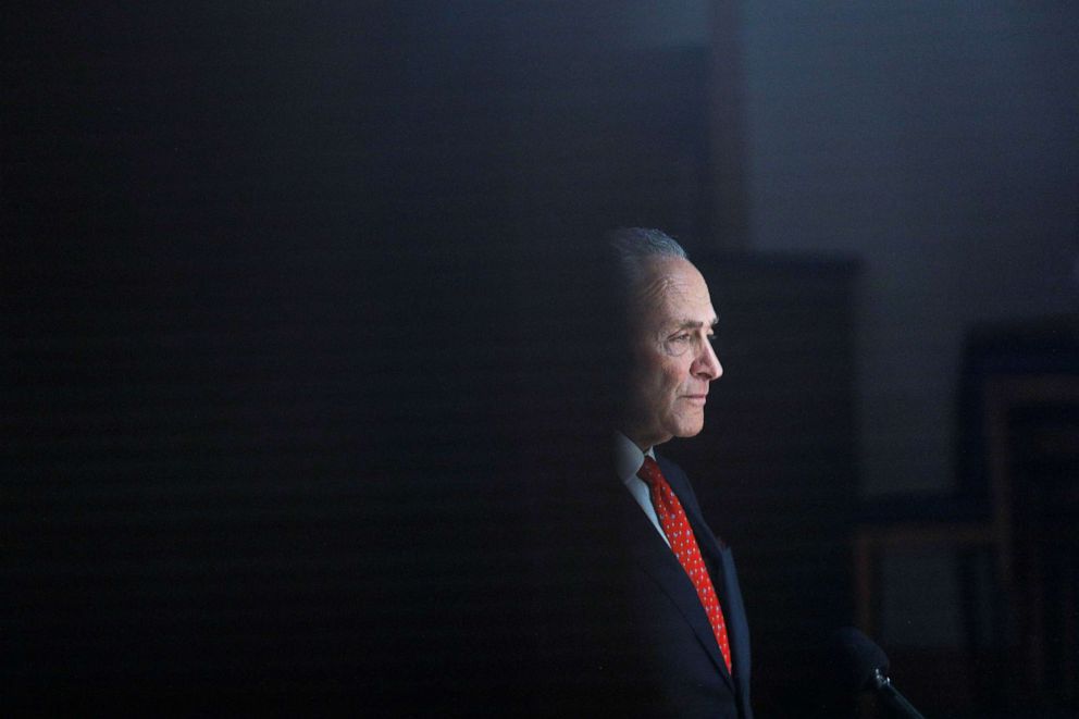 PHOTO: Senate Minority Leader Chuck Schumer delivers remarks during a private interview on Capitol Hill in Washington, March 25, 2020.