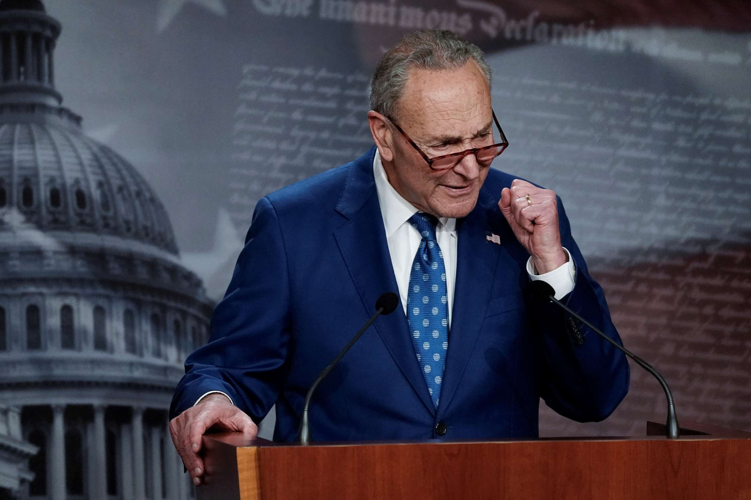PHOTO: Senate Majority Leader Chuck Schumer speaks to the media after the 51-50 vote passed the "Inflation Reduction Act of 2022" on Capitol Hill in Washington, D.C., Aug. 7, 2022.
