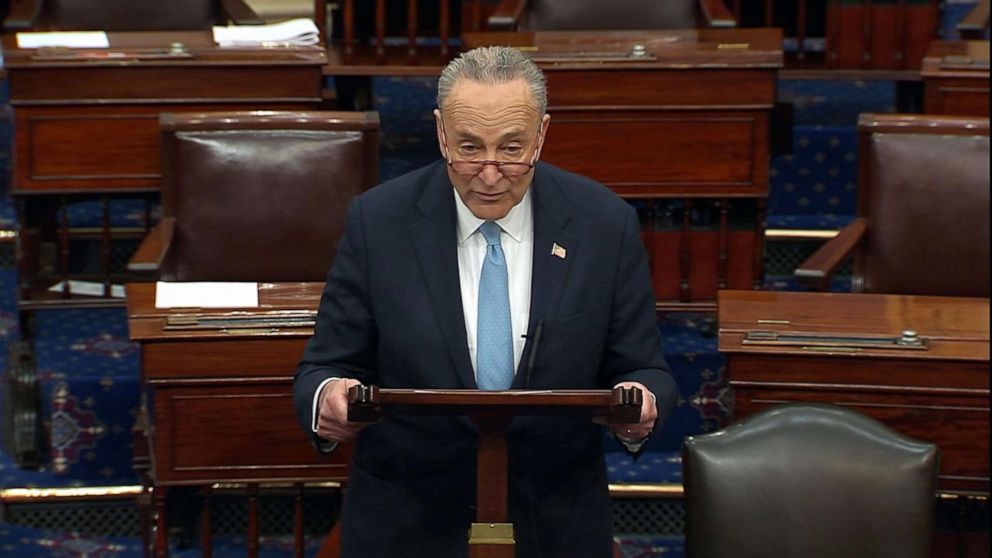 PHOTO: Senate Minority Leader Chuck Schumer speaks on the floor of the U.S. Senate in Washington, March 5, 2020.