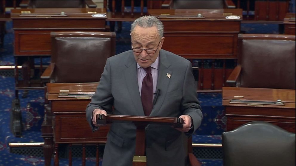 PHOTO: Sen. Chuck Schumer speaks on the floor of the U.S. Senate in Washington, D.C., Jan. 22, 2021.