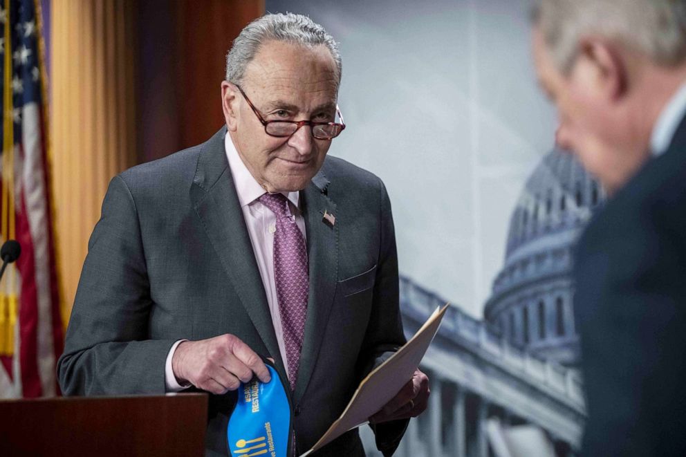 PHOTO: Senate Majority Leader Chuck Schumer concludes his remarks during a press conference following the Senate Democratic policy luncheon in the U.S. Capitol in Washington, D.C, March 2, 2021.