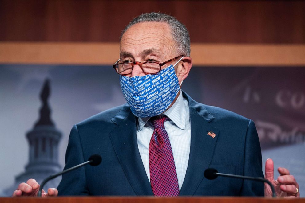 PHOTO: Senate Minority Leader Chuck Schumer speaks about the negotiations over the next COVID-19 relief package in the US Capitol in Washington, Oct. 20, 2020.