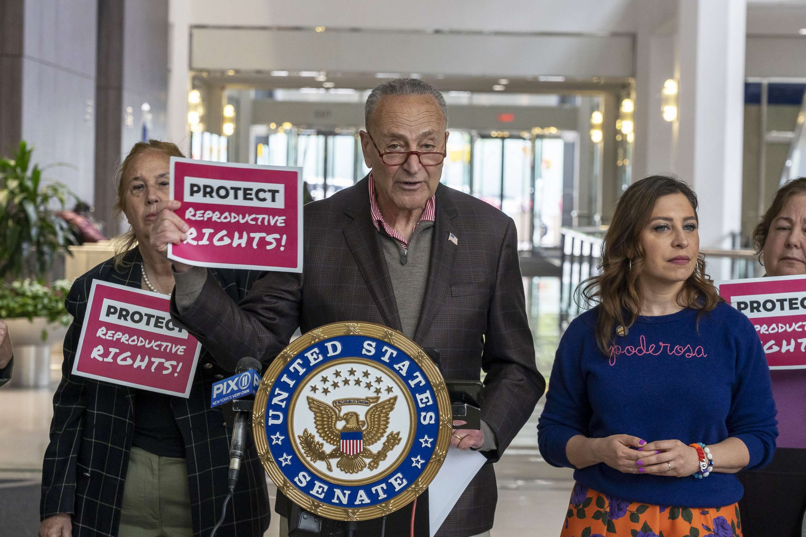 PHOTO: Senate Majority Leader, Sen. Chuck Schumer announces details in his fight to codify a woman's right to choose, specifically the Senate vote he will hold on Wednesday, May 11, on May 8, 2022, in New York.