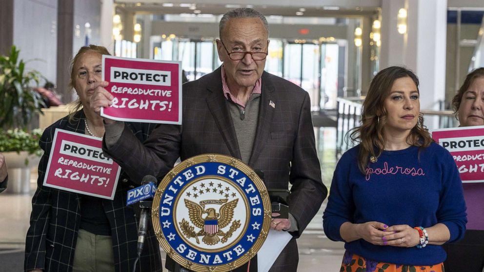 PHOTO: Senate Majority Leader, Sen. Chuck Schumer announces details in his fight to codify a woman's right to choose, specifically the Senate vote he will hold on Wednesday, May 11, on May 8, 2022, in New York.