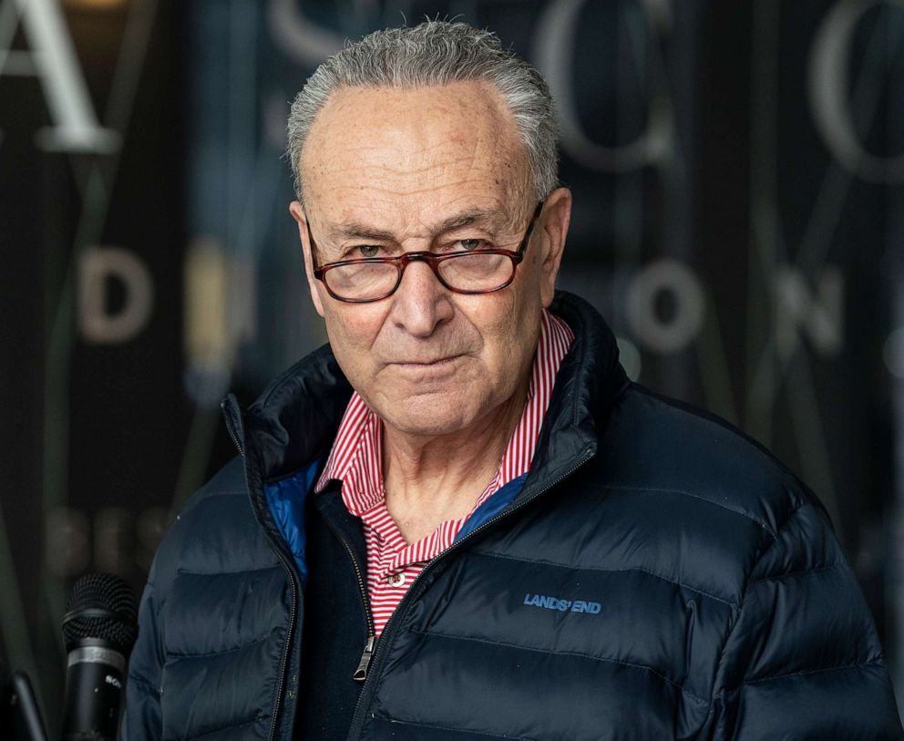 PHOTO: Senator Charles Schumer announced a plan for the next three weeks regarding cabinet nominations, COVID relief, and impeachment on 875 3rd Avenue in New York City, Jan. 24, 2021. 