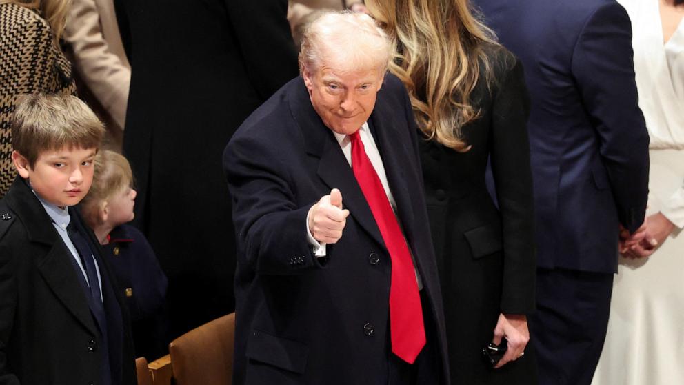 PHOTO: President Donald Trump gives a thumbs up as he attends the National Day of Prayer Service at the Washington National Cathedral in Washington, U.S., Jan. 21, 2025.