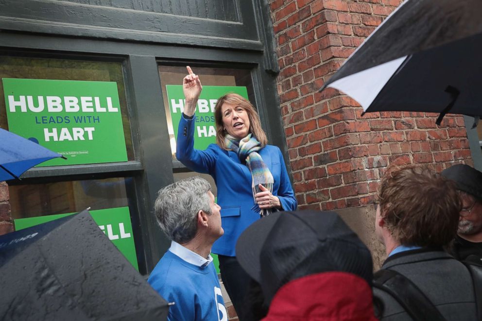 PHOTO: Cindy Axne, democratic candidate for the U.S. House in Iowa's 3rd district, speaks to supporters at a get-out-the-vote rally which she was hosting with Fred Hubbell, Democratic candidate for governor of Iowa, Oct. 8, 2018. in Des Moines, Iowa. 