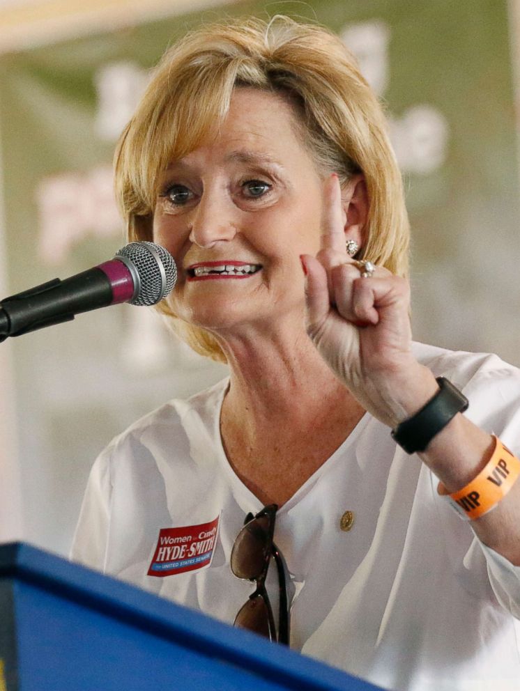 PHOTO: Sen. Cindy Hyde-Smith speaks at the Neshoba County Fair, Aug. 2, 2018, in Philadelphia, Miss.