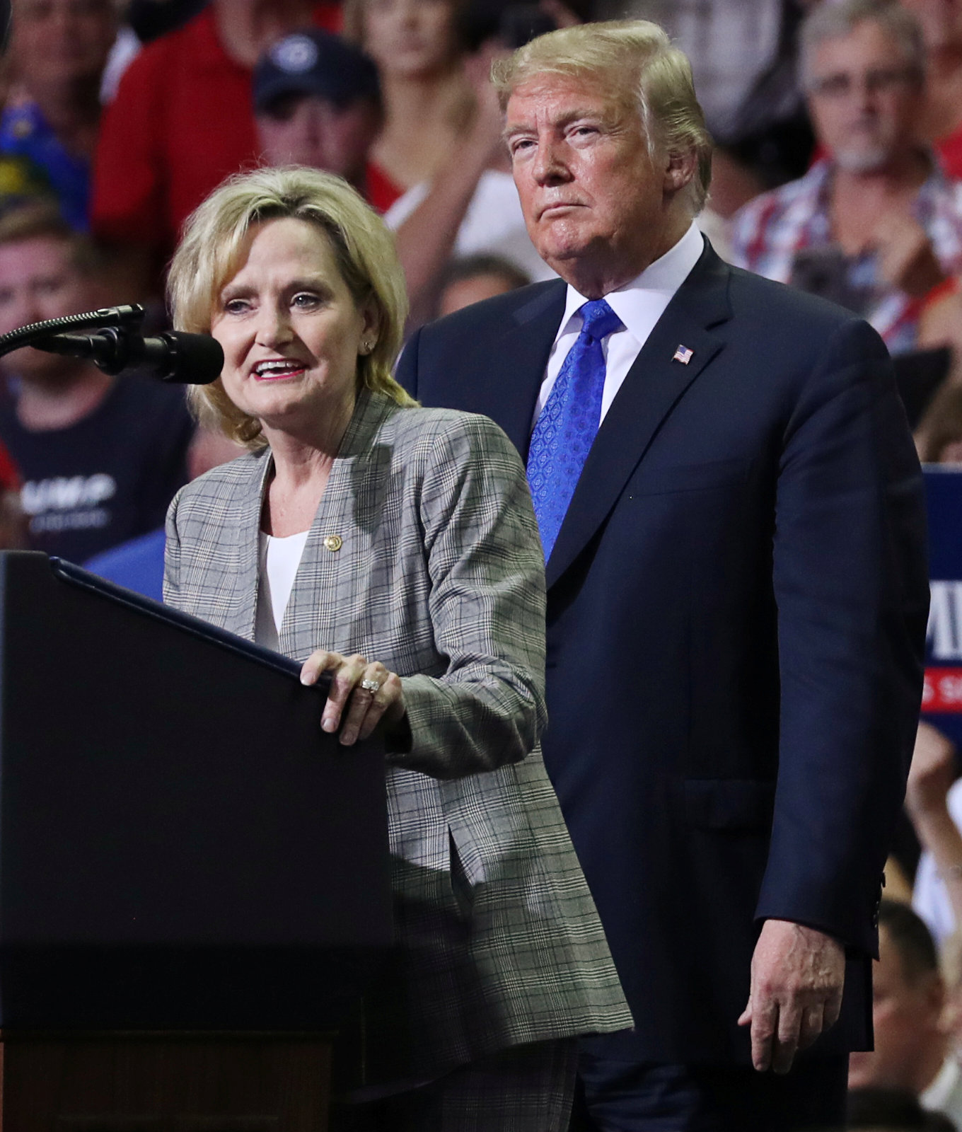 PHOTO: Senator Cindy Hyde-Smith joins President Donald Trump at a campaign rally in Southaven, Miss., Oct. 2, 2018.
