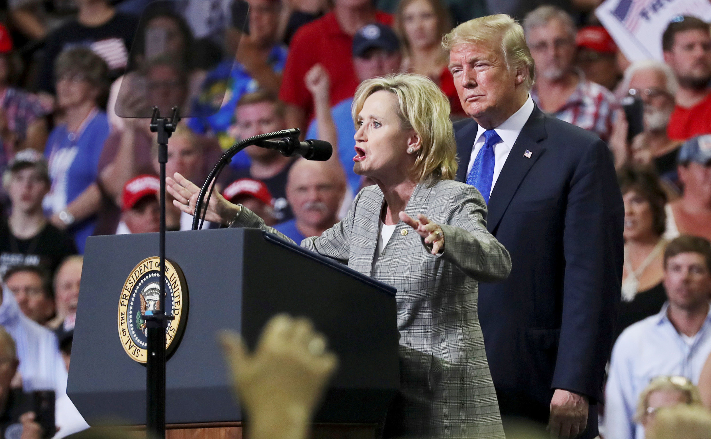 PHOTO: Senator Cindy Hyde-Smith joins President Donald Trump onstage at a campaign rally in Southaven, Miss., Oct. 2, 2018.