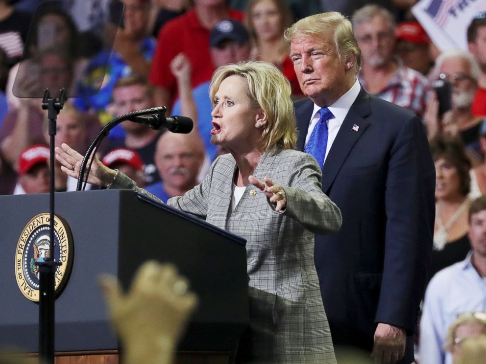 PHOTO: Senator Cindy Hyde-Smith joins President Donald Trump onstage at a campaign rally in Southaven, Miss., Oct. 2, 2018.