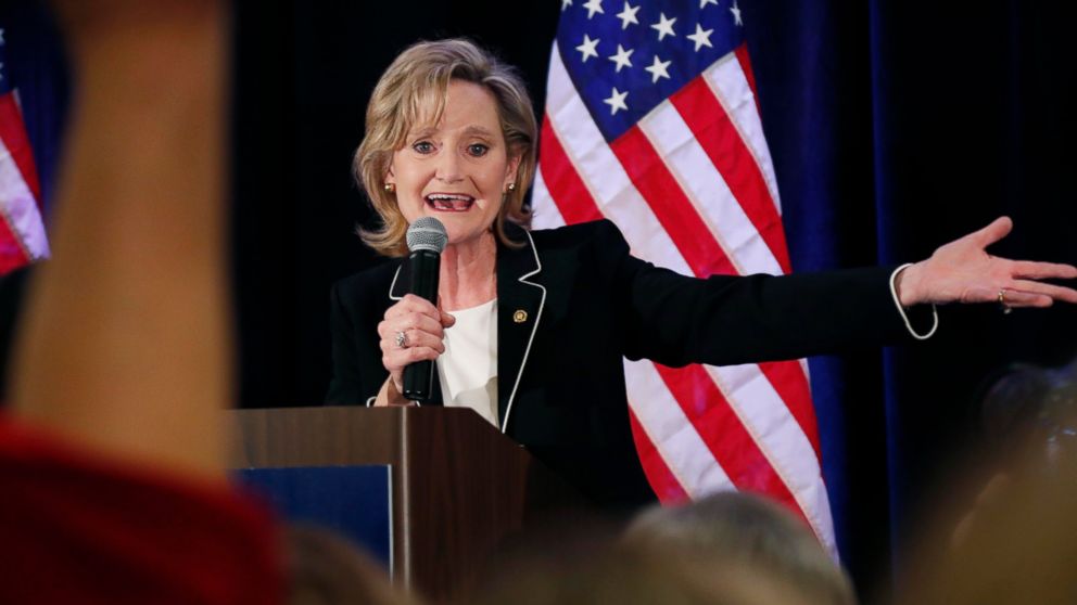 PHOTO: Republican U.S. Sen. Cindy Hyde-Smith calls on her family members to identify themselves as she celebrates her runoff win over Democrat Mike Espy in Jackson, Miss., Tuesday, Nov. 27, 2018.