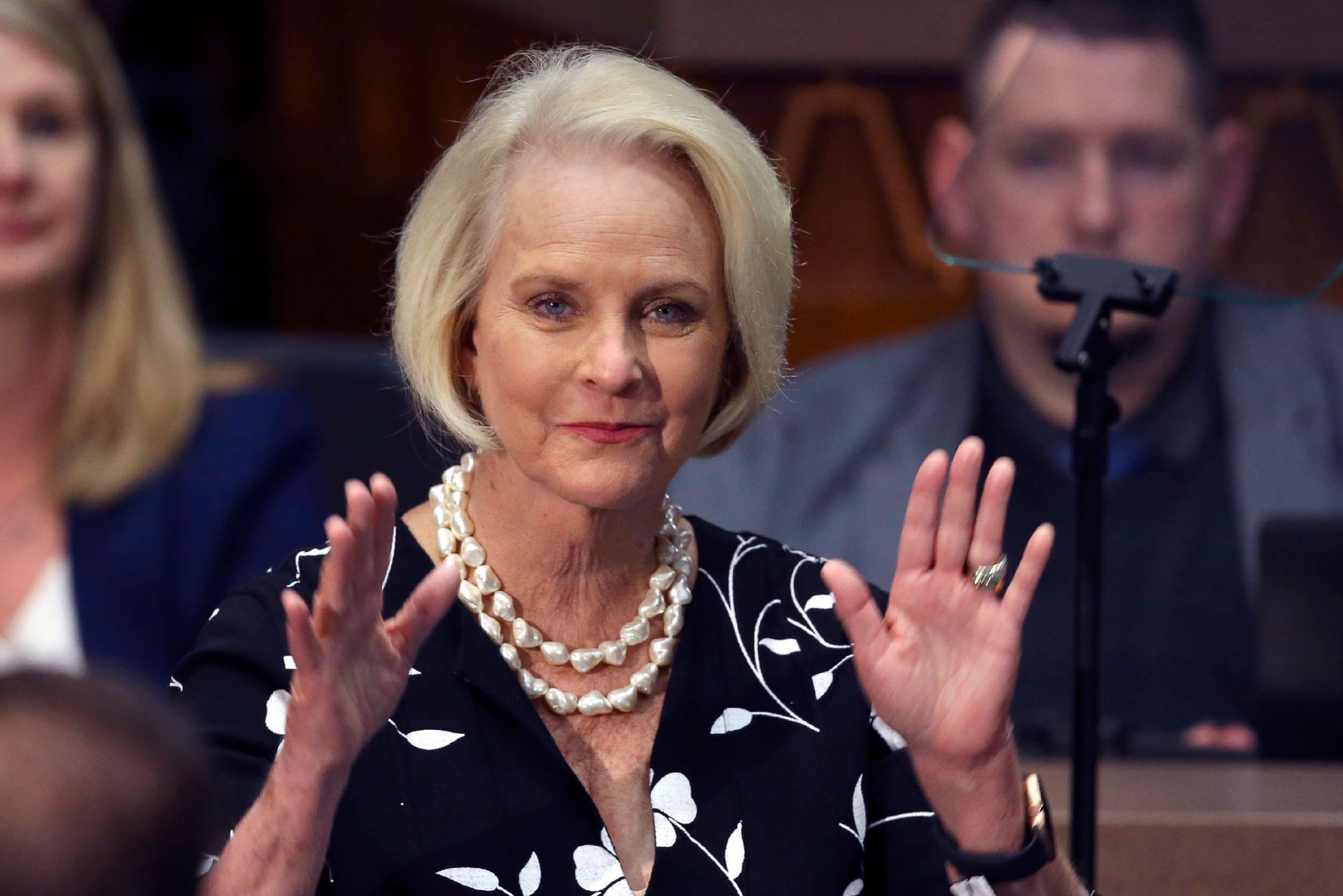 PHOTO: Cindy McCain, wife of former Arizona Sen. John McCain, waves to the crowd after being acknowledged by Arizona Gov. Doug Ducey during his State of the State address, Jan. 13, 2020, in Phoenix. 