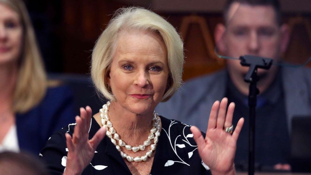 PHOTO: Cindy McCain, wife of former Arizona Sen. John McCain, waves to the crowd after being acknowledged by Arizona Gov. Doug Ducey during his State of the State address, Jan. 13, 2020, in Phoenix. 