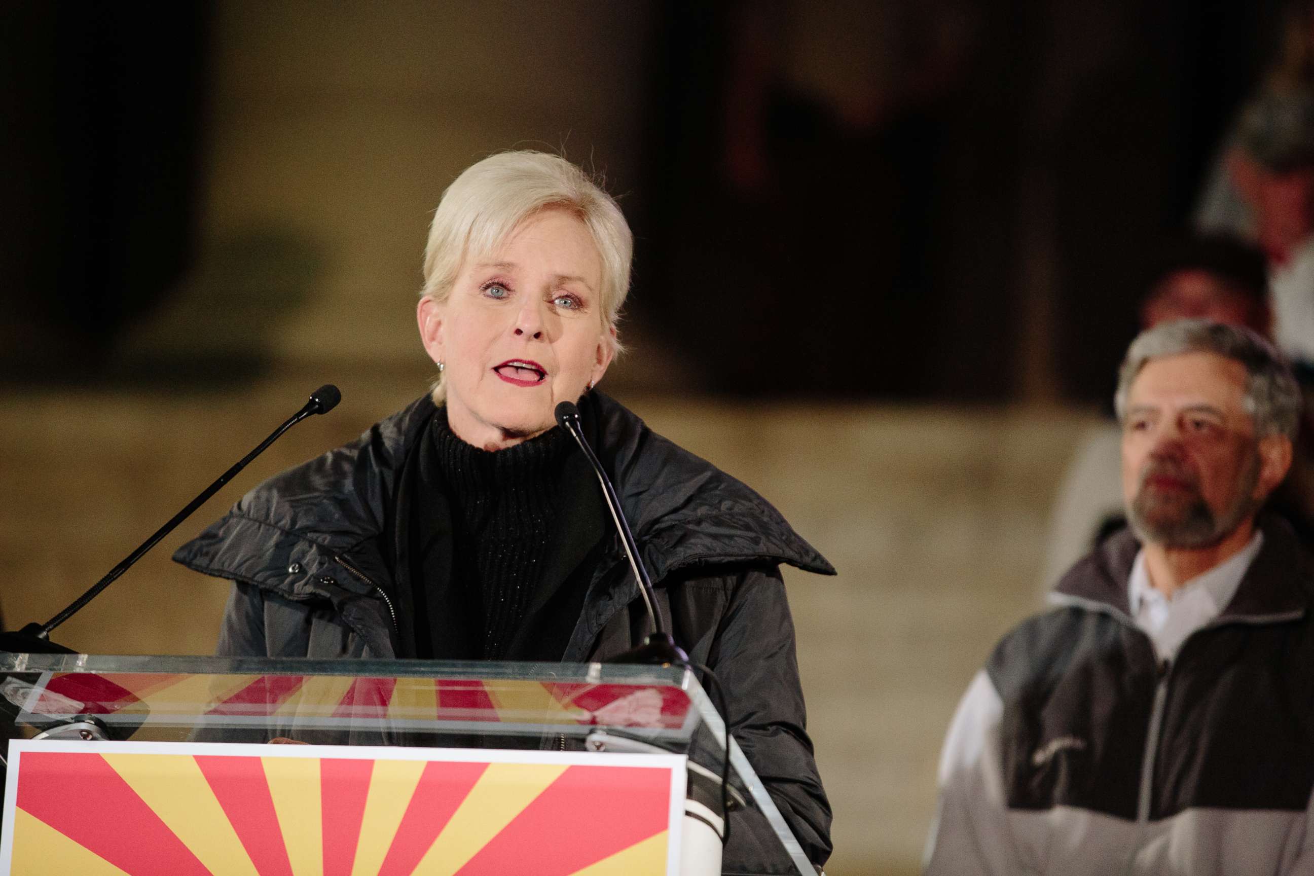 PHOTO: Cindy McCain, wife of late Senator John McCain, speaks during a campaign rally with Martha McSally, not pictured, outside the Historic Yavapai County Courthouse in Prescott, Ariz., Nov. 5, 2018.