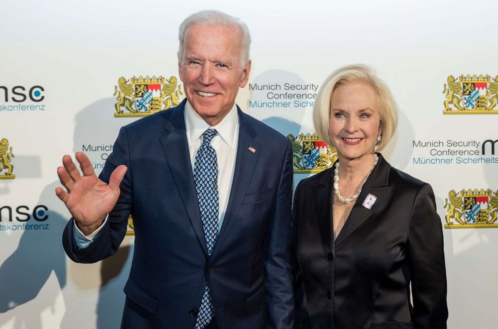 PHOTO: In this Feb. 17, 2018, file photo, former US Vice President Joe Biden, and Cindy McCain, arrive at the reception of the Bavarian State Chancellery during the 54th Munich Security Conference in Munich, Germany.
