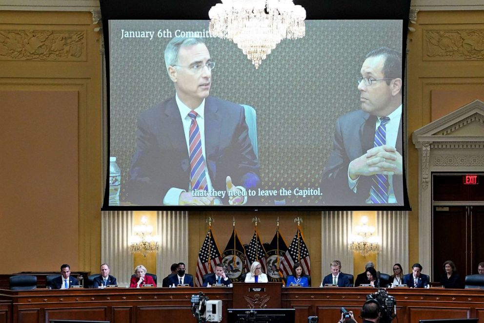 PHOTO: A video of former White House counsel Pat Cipollone is shown on a screen during a hearing by the House Select Committee to investigate the January 6th attack on the US Capitol in Washington, D.C., on July 21, 2022.