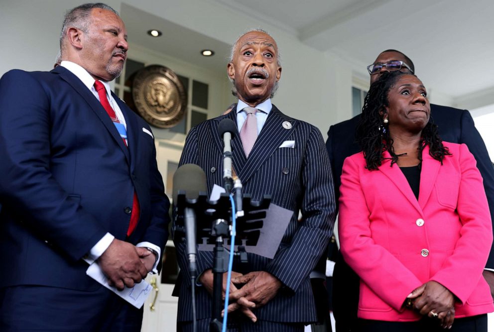The Rev. Al Sharpton from the National Action Network and other leading civil rights leaders hold a press conference after a meeting with President Joe Biden and Vice President Kamala Harris, where they discussed voting rights on July 8, 2021.