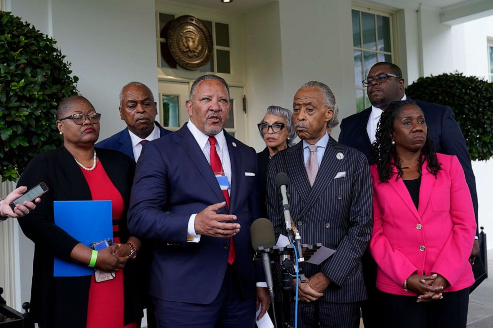 PHOTO: Marc Morial, center, president of the National Urban League, talks with reporters outside the West Wing of the White House in Washington, July 8, 2021, following a meeting with President Joe Biden and leadership of top civil rights organizations.