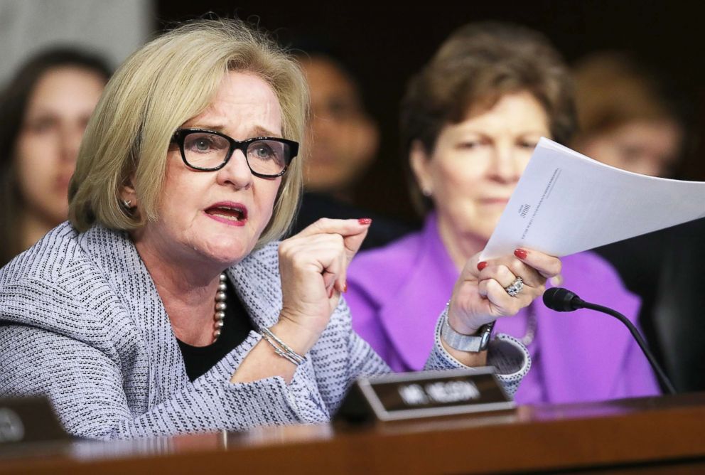 PHOTO: Sen. Claire McCaskill questions Secretary of Defense James Mattis about a new report detailing procurement violations involving a defense contractor at a hearing held by the Senate Armed Services Committee, April 26, 2018, in Washington.