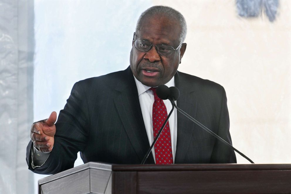 PHOTO: Supreme Court Justice Clarence Thomas delivers a keynote speech during a dedication of Georgia new Nathan Deal Judicial Center in Atlanta, Feb. 11, 2020.