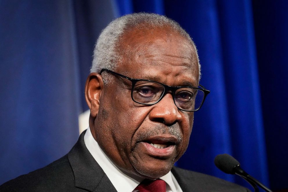 PHOTO: Associate Supreme Court Justice Clarence Thomas speaks at the Heritage Foundation on Oct. 21, 2021 in Washington, DC.