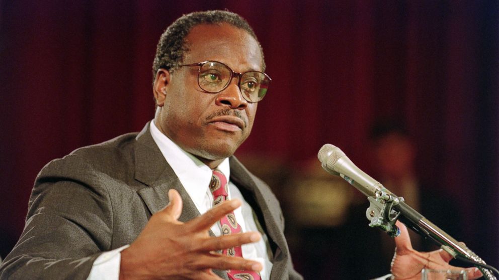 PHOTO: Supreme Court nominee Clarence Thomas gestures, Sept. 10, 1991, during confirmation hearings before the US Senate Judiciary Committee, in Washington.