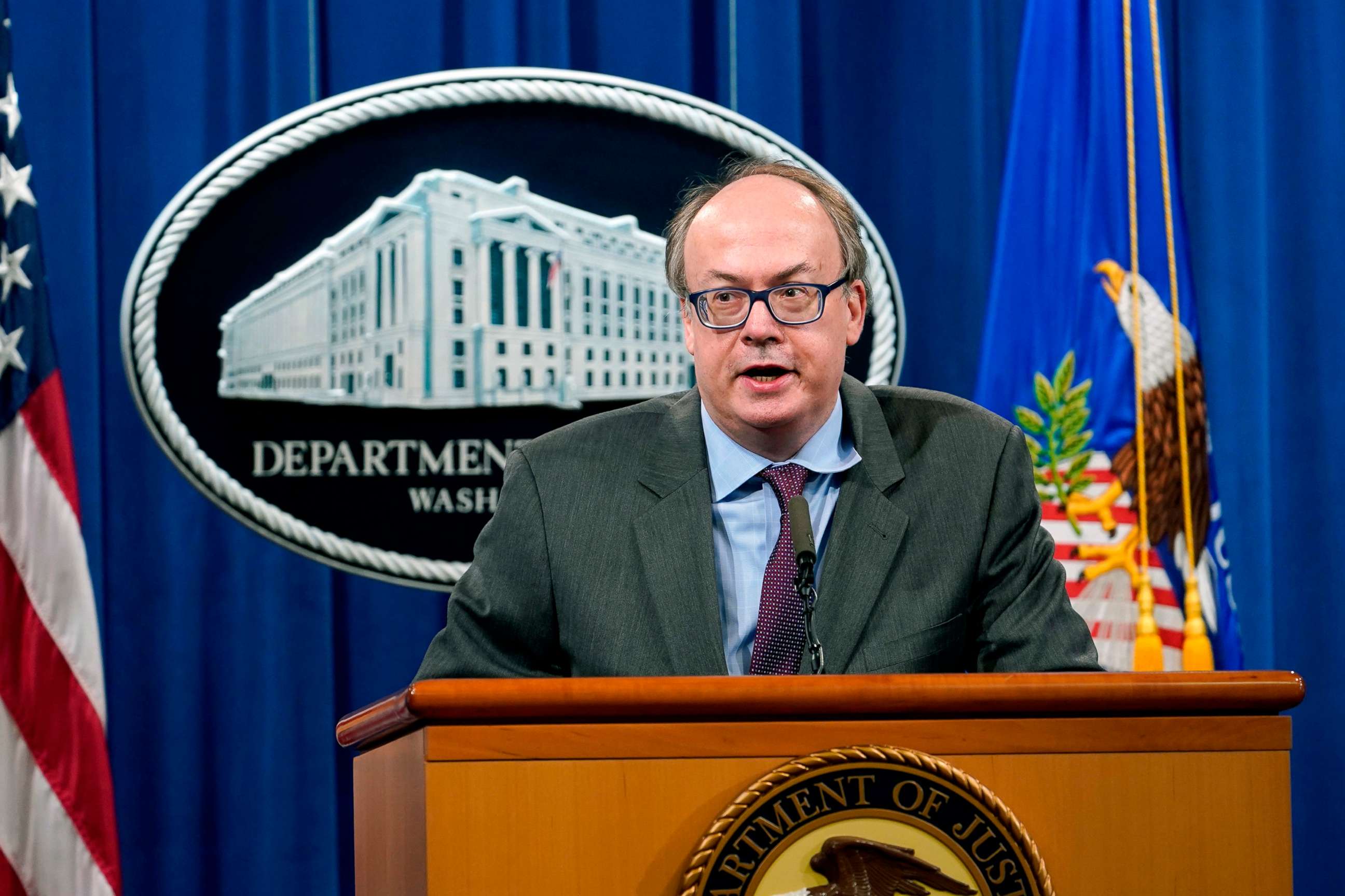 PHOTO: Jeff Clark, Assistant Attorney General for the Environment and Natural Resources Division, speaks during a news conference at the Justice Department in Washington, D.C., Sept. 14, 2020.