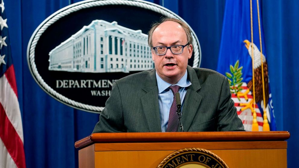 PHOTO: Jeff Clark, Assistant Attorney General for the Environment and Natural Resources Division, speaks during a news conference at the Justice Department in Washington, D.C., Sept. 14, 2020.