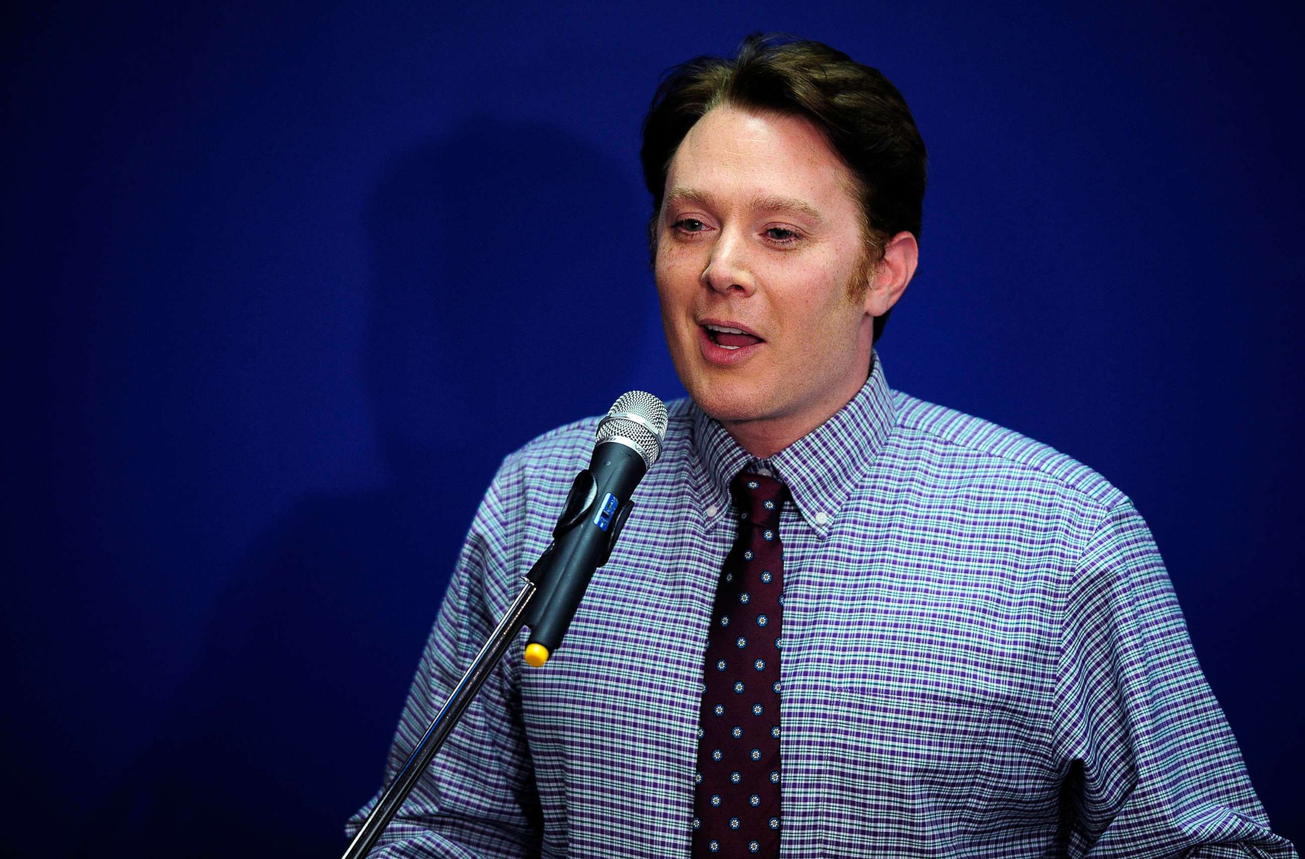 PHOTO: IN this Nov. 4, 2014, file photo, Clay Aiken, Democratic candidate for U.S. Congress in North Carolina's Second District, gives his concession speech during his election night party at Cafe 121 in Sanford, N.C.