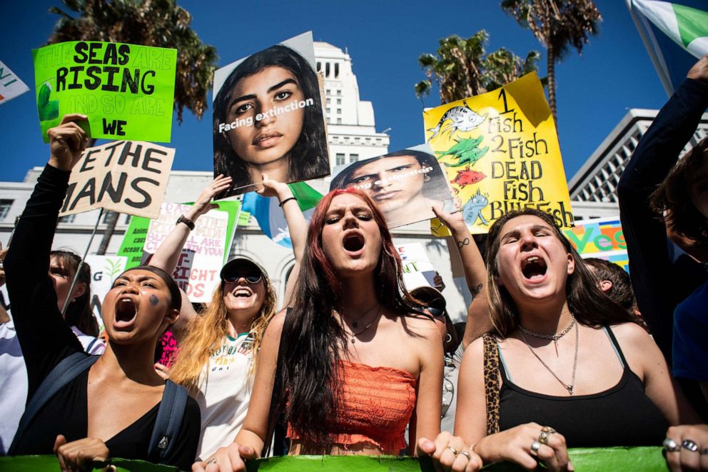 PHOTO: Students rally at Los Angeles City Hall for Global Climate Strike on Sept. 20, 2019. 