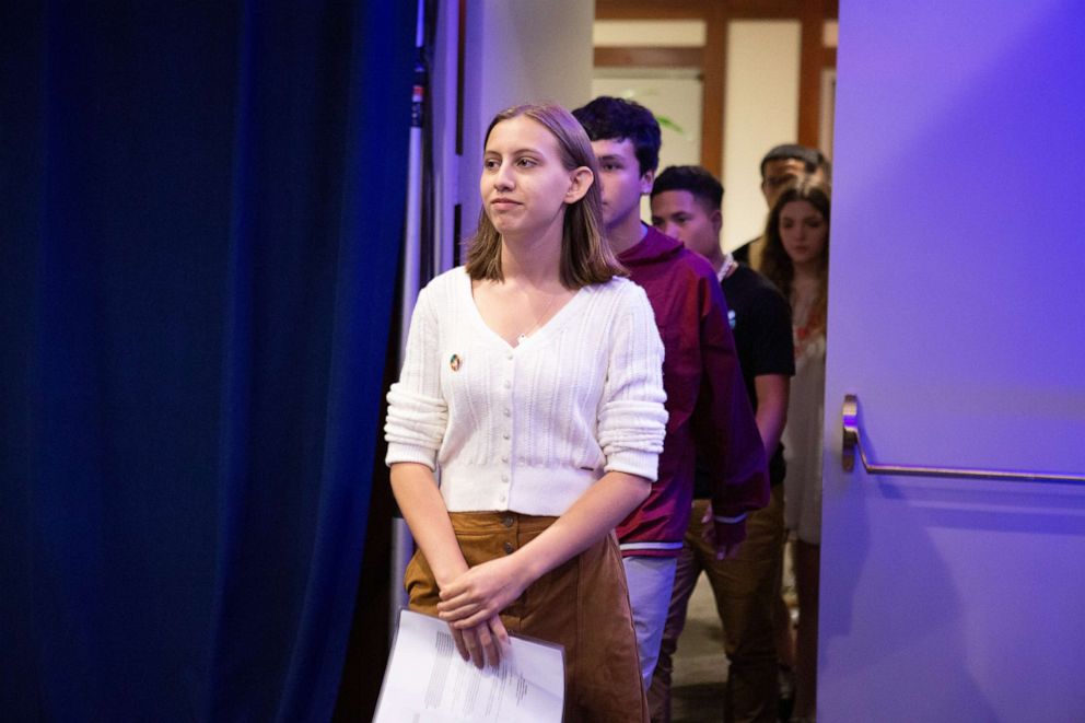 PHOTO: Alexandria Villasenor, 14, walks with 15 other petitioners into a press conference at UNICEF House during which they announced a collective action being taken on behalf of young people facing the impacts of the climate crisis, Sept. 23, 2019.