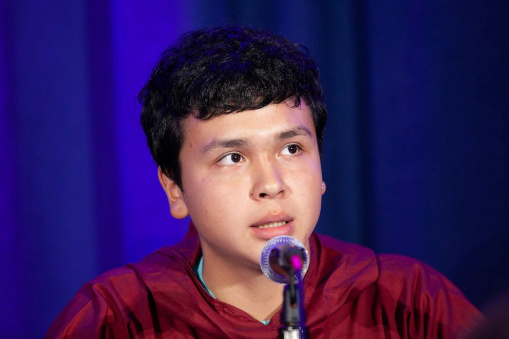 PHOTO: Carl Smith, 17, from Akiak, Alaska, speaks at a press conference announcing a collective action being taken on behalf of young people everywhere facing the impacts of the climate crisis at UNICEF House in New York, Sept. 23, 2019.